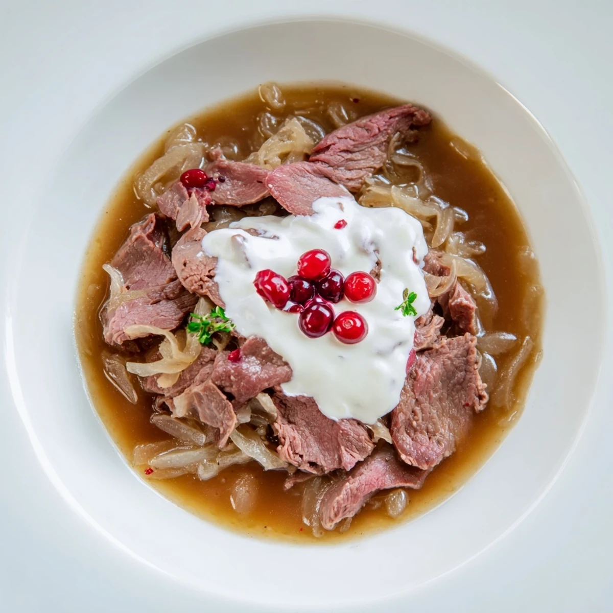 A hearty bowl of Finnish Reindeer Stew, showcasing slow-cooked, savory meat with a rich broth, a comfort food.