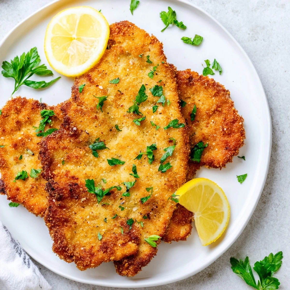 Crispy golden German Schnitzel cutlet ready to eat, served with a lemon wedge for a delicious bite.