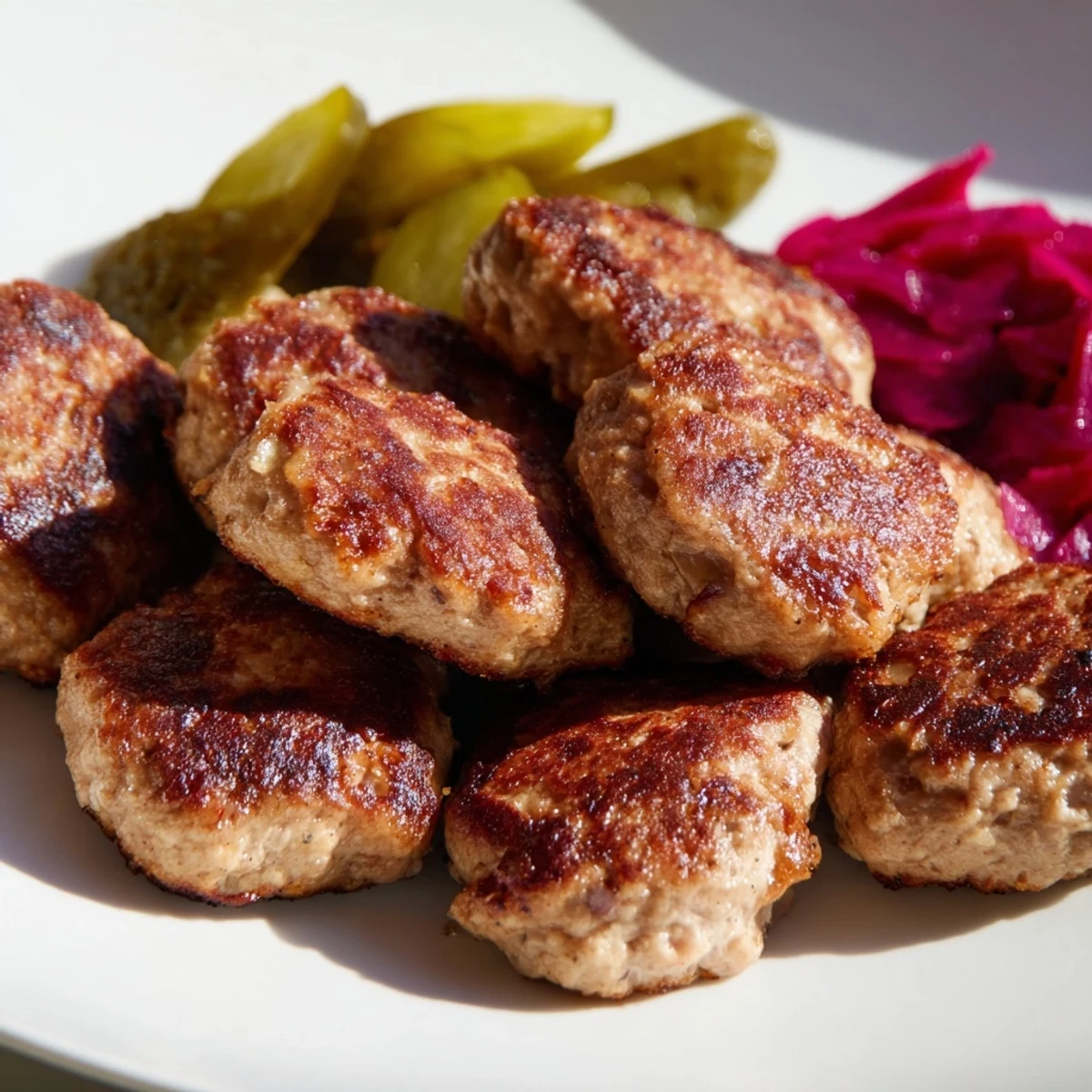 Juicy pork Danish frikadeller, offering a comforting aroma with a side of delicious, homemade pickled cucumbers.