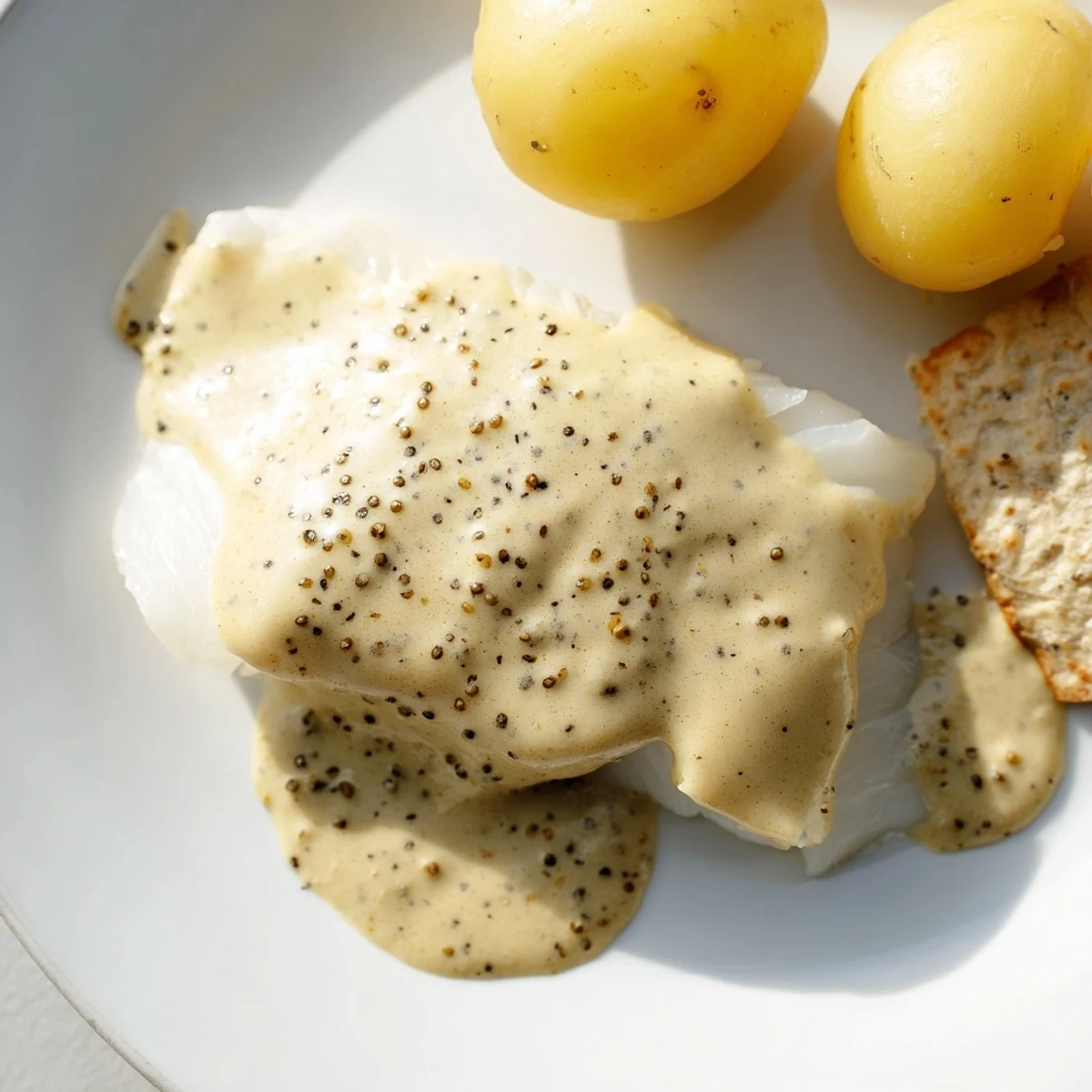 A close-up of the cooked Norwegian lutefisk, soft and tender, covered in a vibrant mustard sauce.