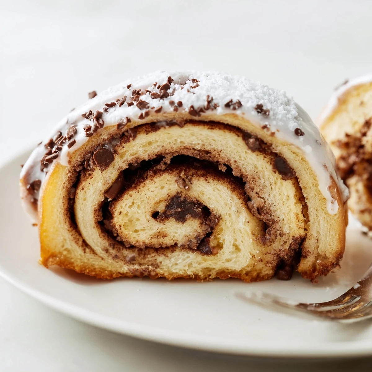 Overhead view of Nutella Chocolate Chip Rolls arranged in a pan, glistening with a sweet powdered sugar glaze and a sprinkle of extra chocolate chips.