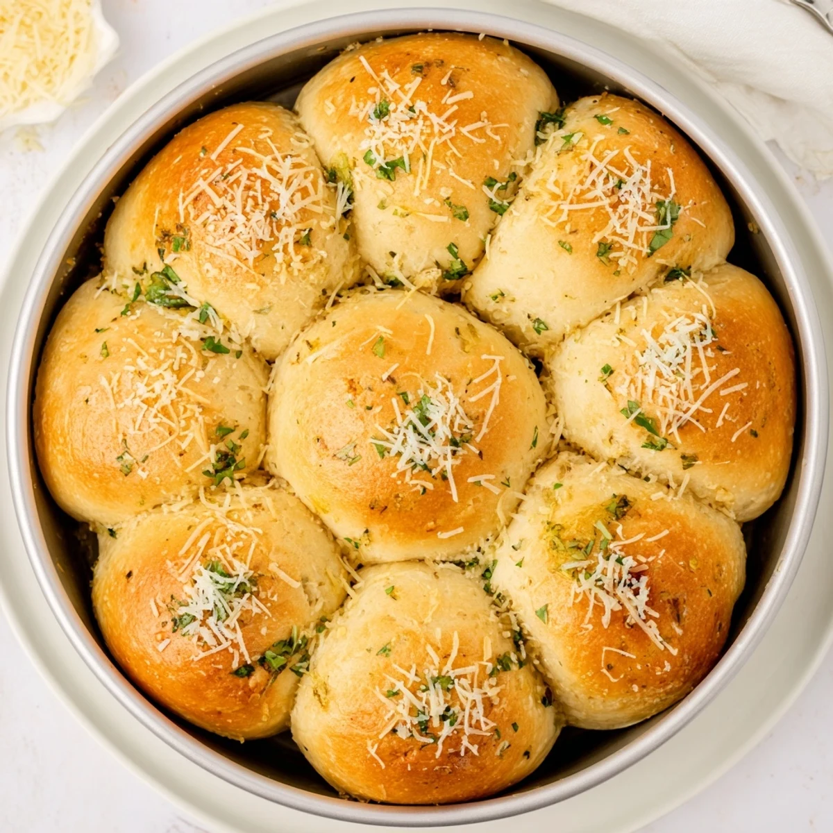 Freshly baked Garlic Butter Bread Pull-Apart rolls in a skillet, showcasing golden, buttery edges and soft, fluffy centers infused with minced garlic and parsley.