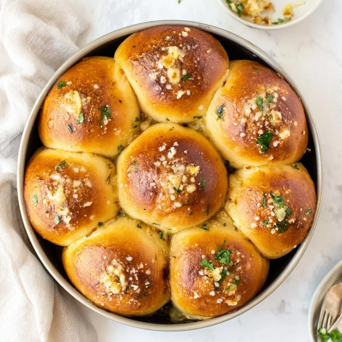 Close-up view of Garlic Butter Bread Pull-Apart, highlighting melted butter, fresh herbs, and a cheesy Parmesan topping on soft, golden-brown bread rolls.