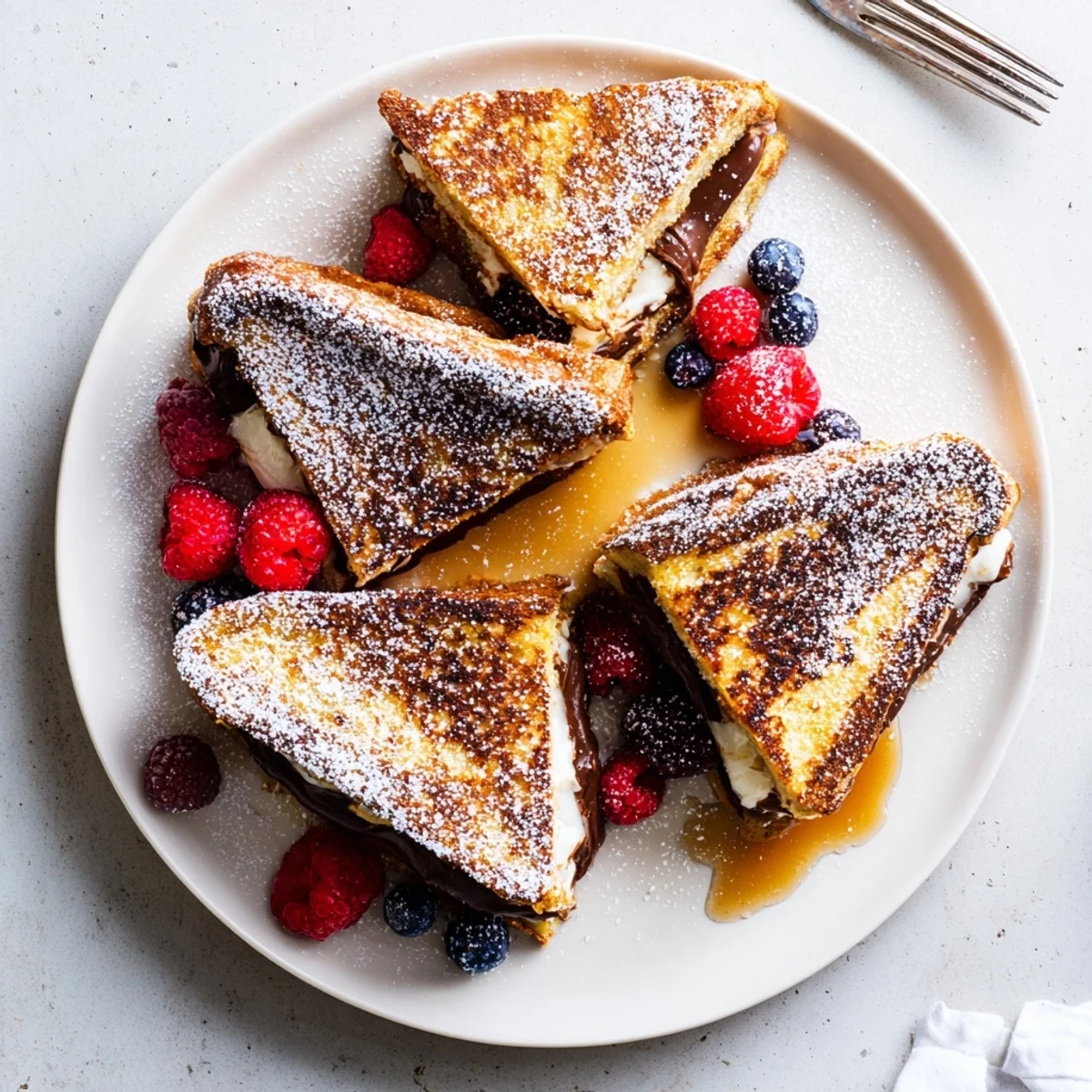 Golden-brown Nutella Brioche French Toast slices dusted with powdered sugar and topped with fresh berries on a white plate.