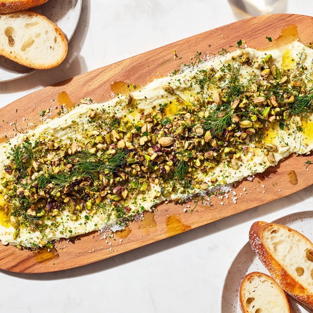 A close-up of Flavored Butter Board Charcuterie with flaky salt and herbs, ready to serve with bread.