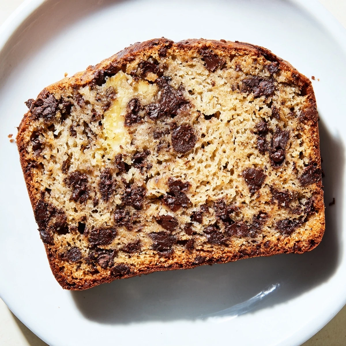 A slice of moist banana bread studded with chopped walnuts, served with a pat of butter.