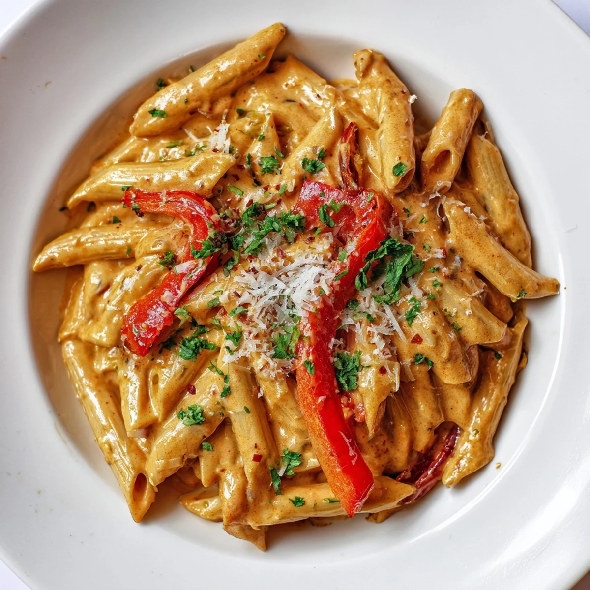 Creamy Cajun pasta with roasted red peppers and parmesan, served hot and garnished with fresh parsley for a comforting meal.  