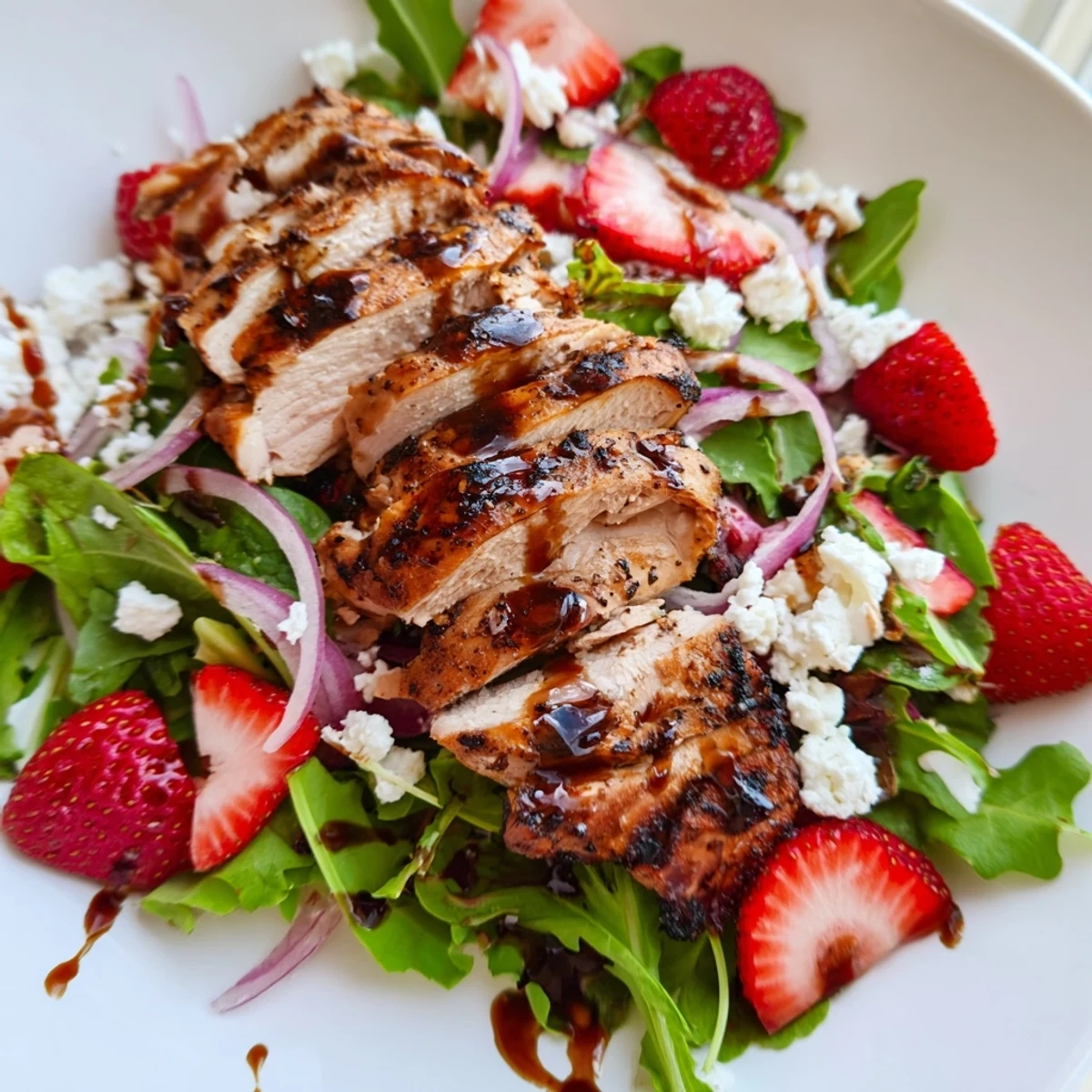 Savory grilled chicken rests atop crisp salad greens with sliced strawberries, crumbled goat cheese, and a glossy honey balsamic drizzle, ready to serve.
