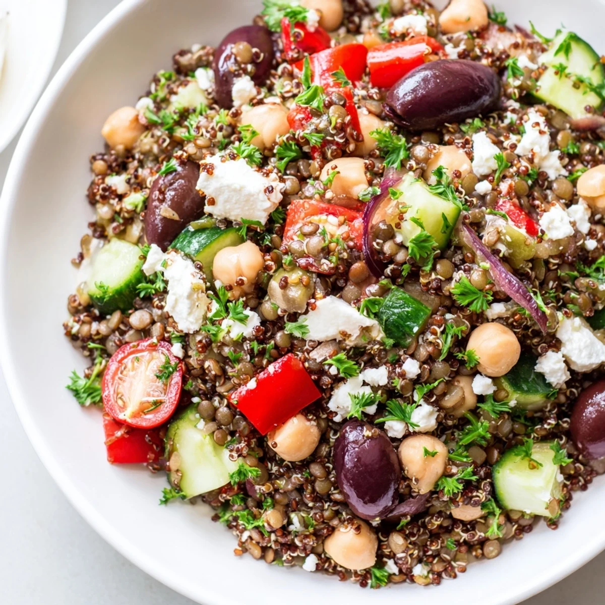 A vibrant Greek Power Salad in a white bowl, packed with lentils, quinoa, chickpeas, and fresh diced vegetables topped with feta.