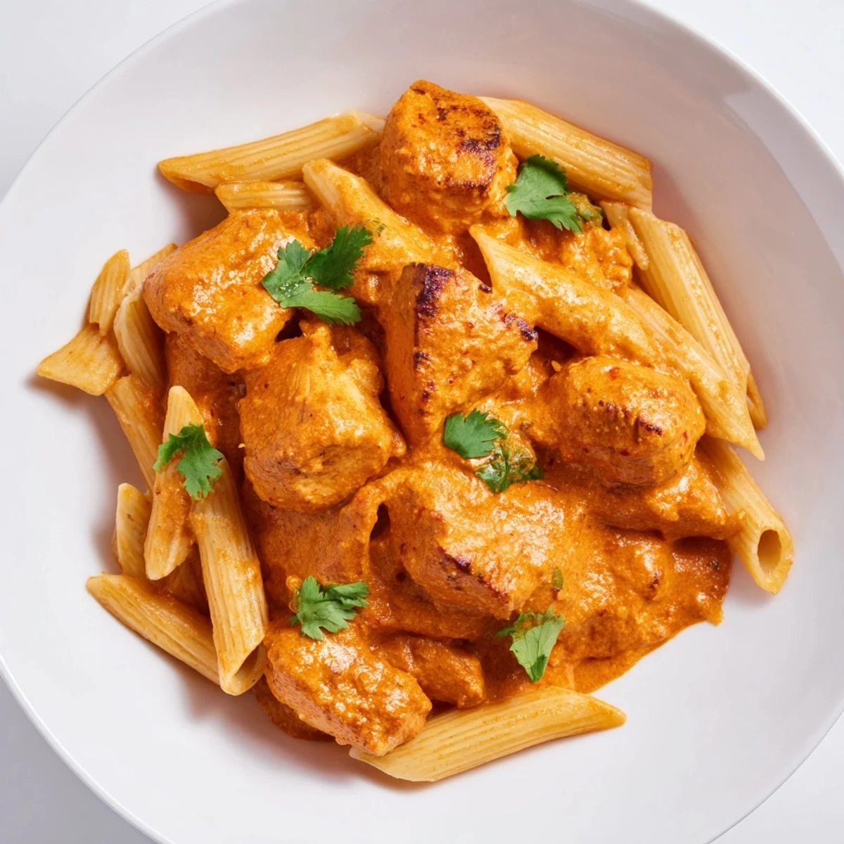 Hearty Chicken Tikka Pasta served warm, garnished with cilantro, ready for a weeknight dinner with a flavorful East-meets-West fusion.