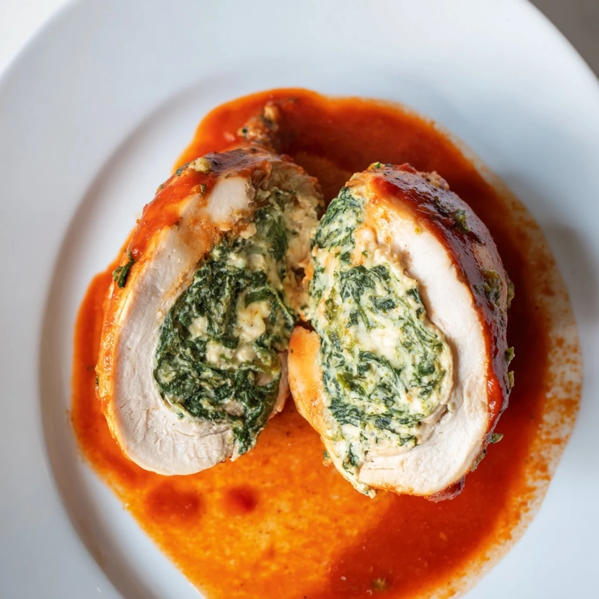 Tender chicken breasts stuffed with creamy ricotta and spinach, baked until golden in a savory tomato sauce with fresh basil garnish.