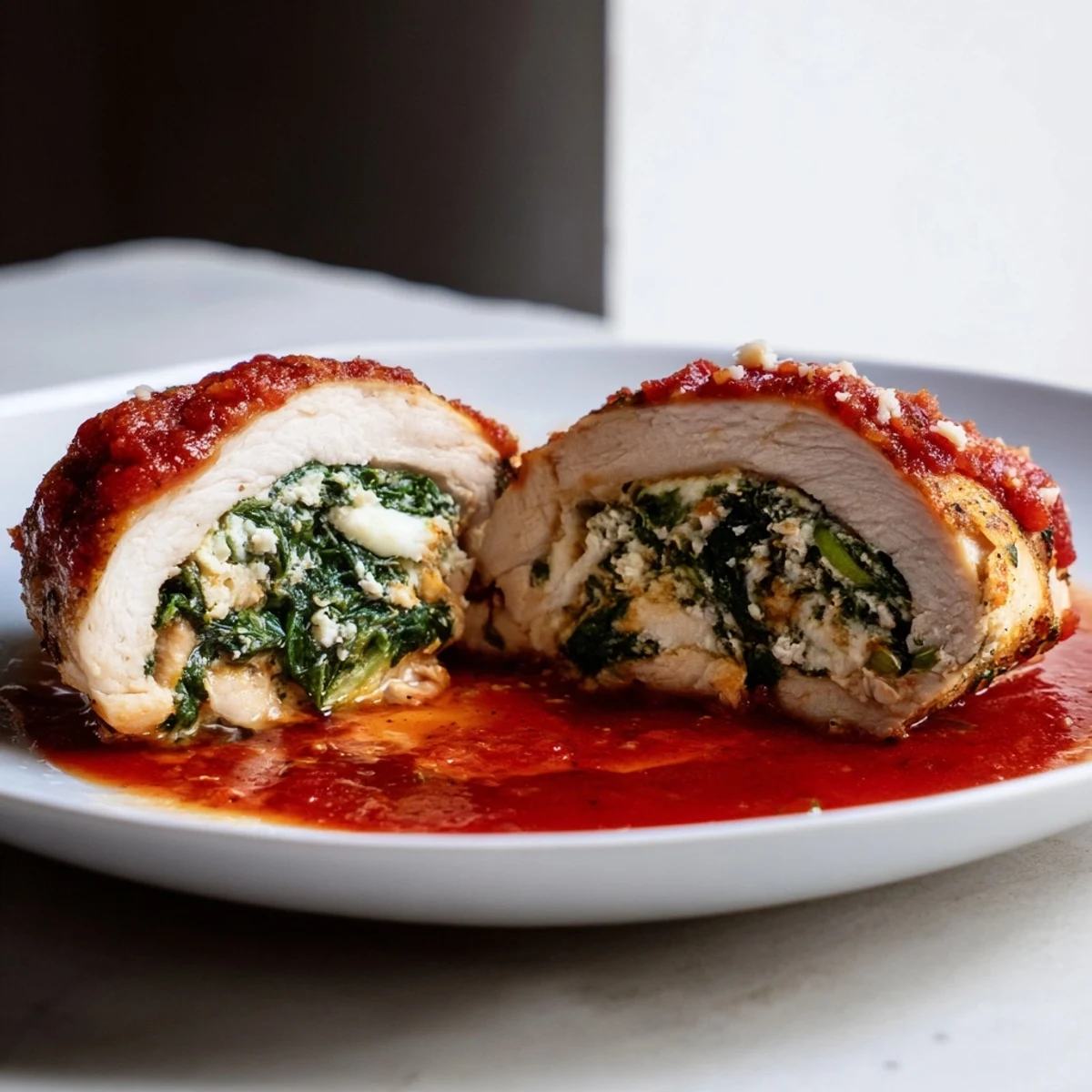 Juicy Spinach Ricotta Stuffed Chicken with a cheesy filling, served over linguine with a sprinkle of Parmesan and fresh herbs.