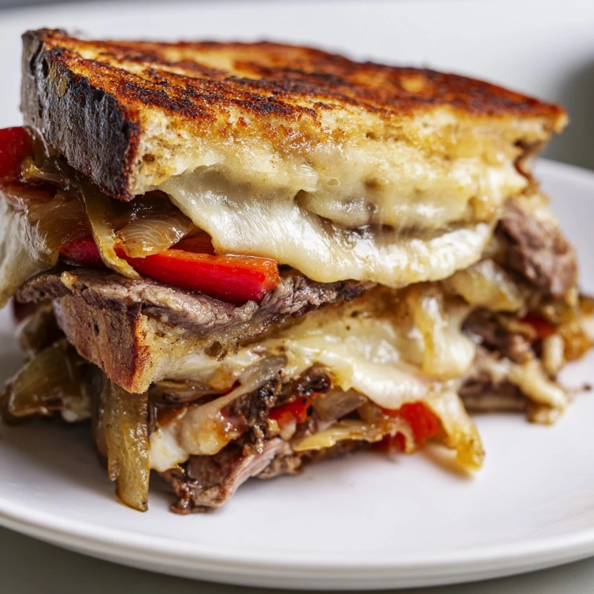 Philly cheesesteak grilled cheese cut diagonally, revealing juicy meat and colorful veggies between buttery sourdough slices.  