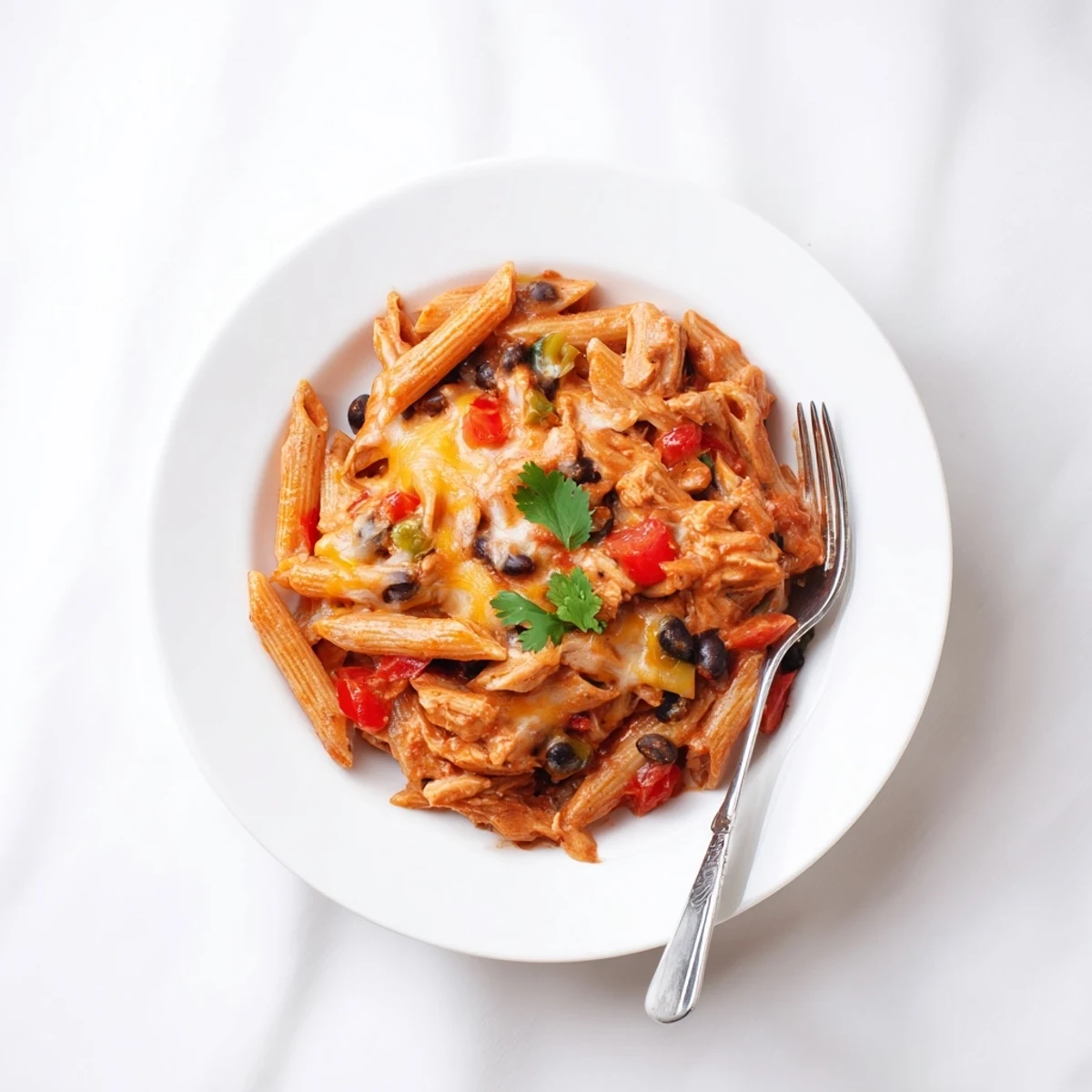 Golden-brown melted cheddar and Monterey Jack cheese tops a skillet of Chicken Enchilada Pasta with black beans and bell peppers.  