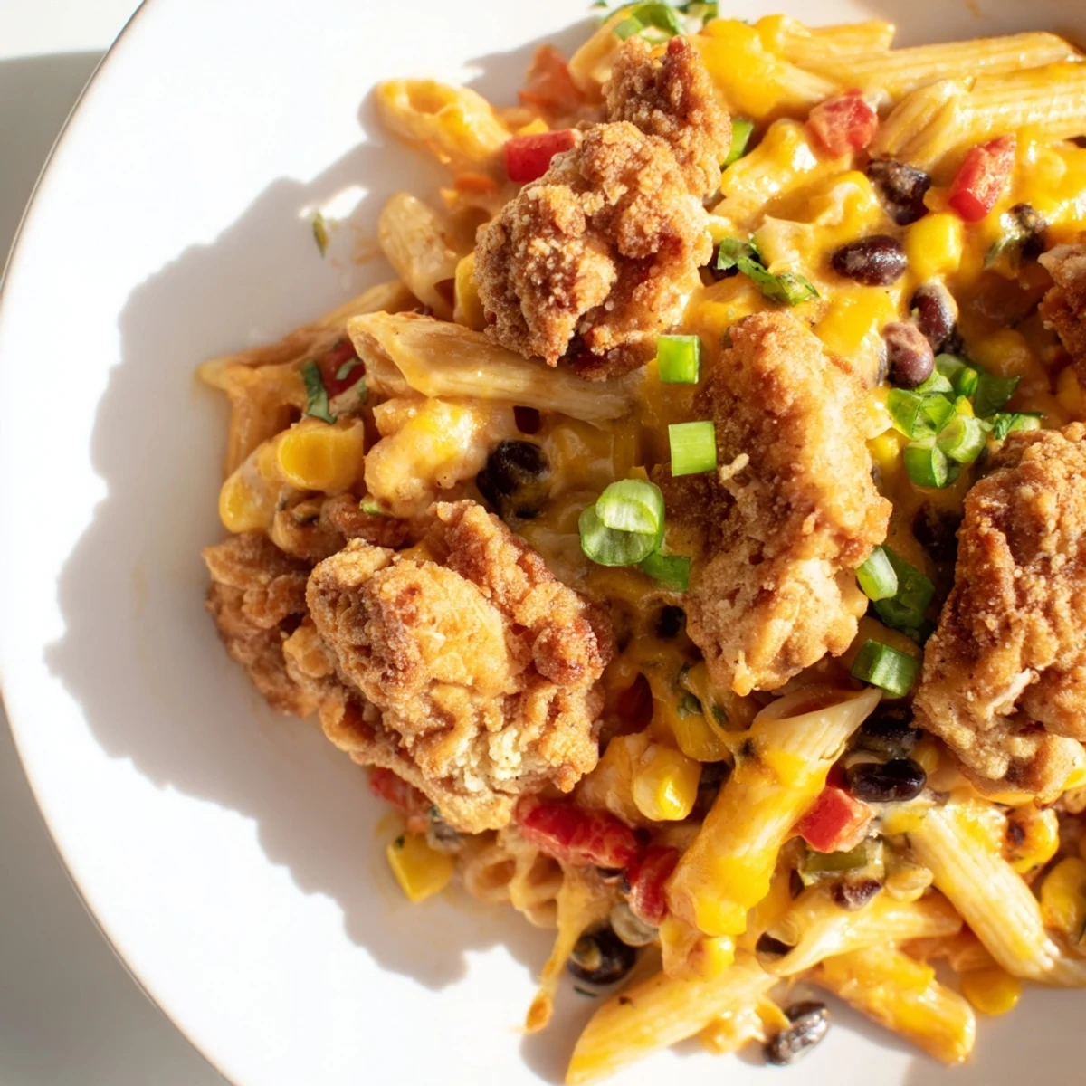 Golden crispy chicken pieces nestled in a one-pan Crispy Chicken Burrito Pasta with melted cheddar and Monterey Jack cheeses.