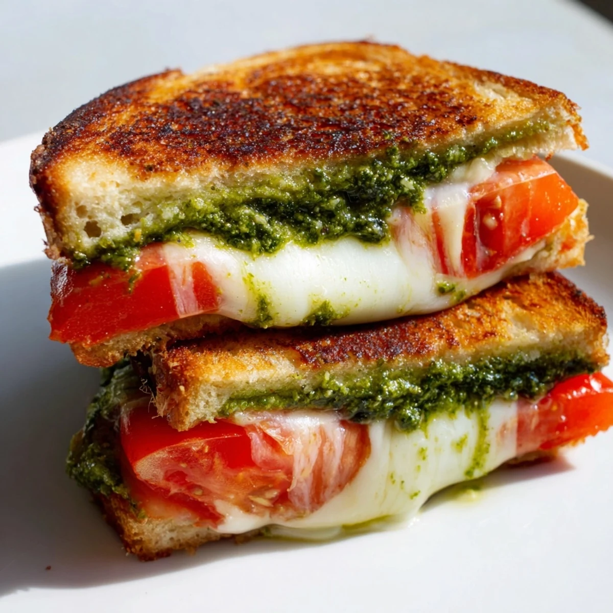 Golden-brown grilled cheese sandwich filled with melted fresh mozzarella, vibrant tomato slices, and aromatic basil pesto on toasted sourdough bread.  