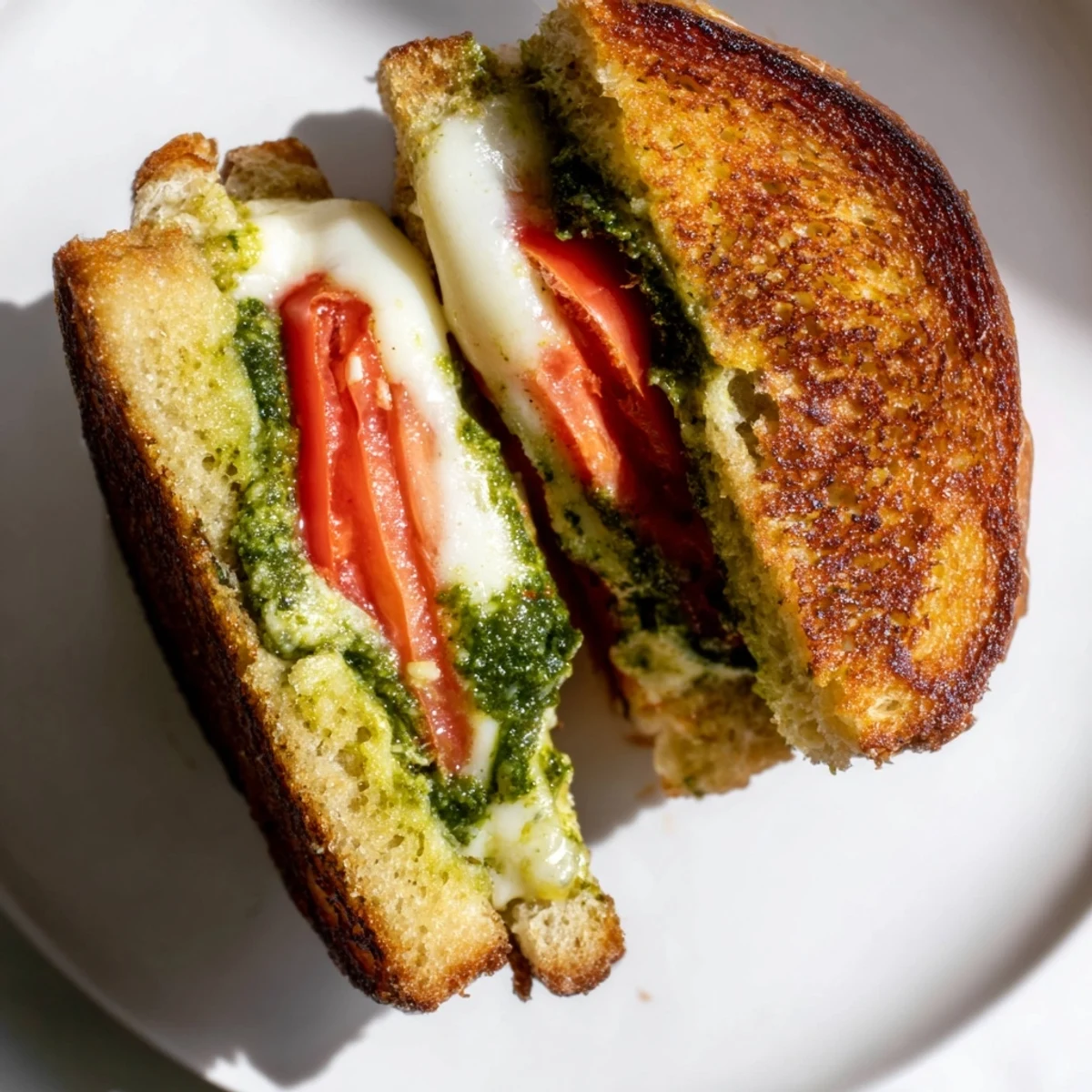 A close-up of a sliced Caprese Pesto Grilled Cheese, revealing gooey cheese and juicy tomato layers between crispy, golden-buttered bread.  
