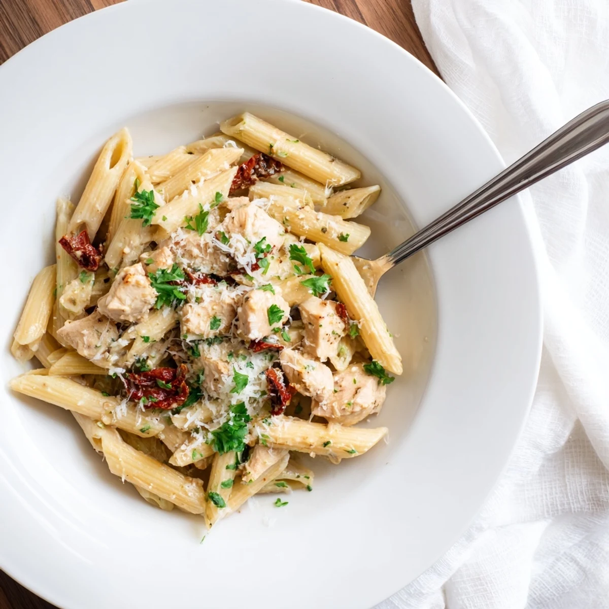 Creamy Sun-Dried Tomato Chicken Pasta features tender penne and juicy chicken strips coated in a rich, garlicky Parmesan cream sauce.  