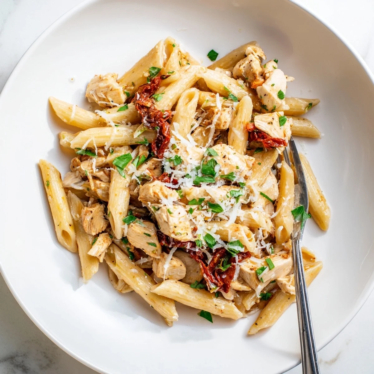 A close-up of Creamy Sun-Dried Tomato Chicken Pasta reveals glossy sauce clinging to penne, golden chicken, and vibrant sun-dried tomato ribbons.  