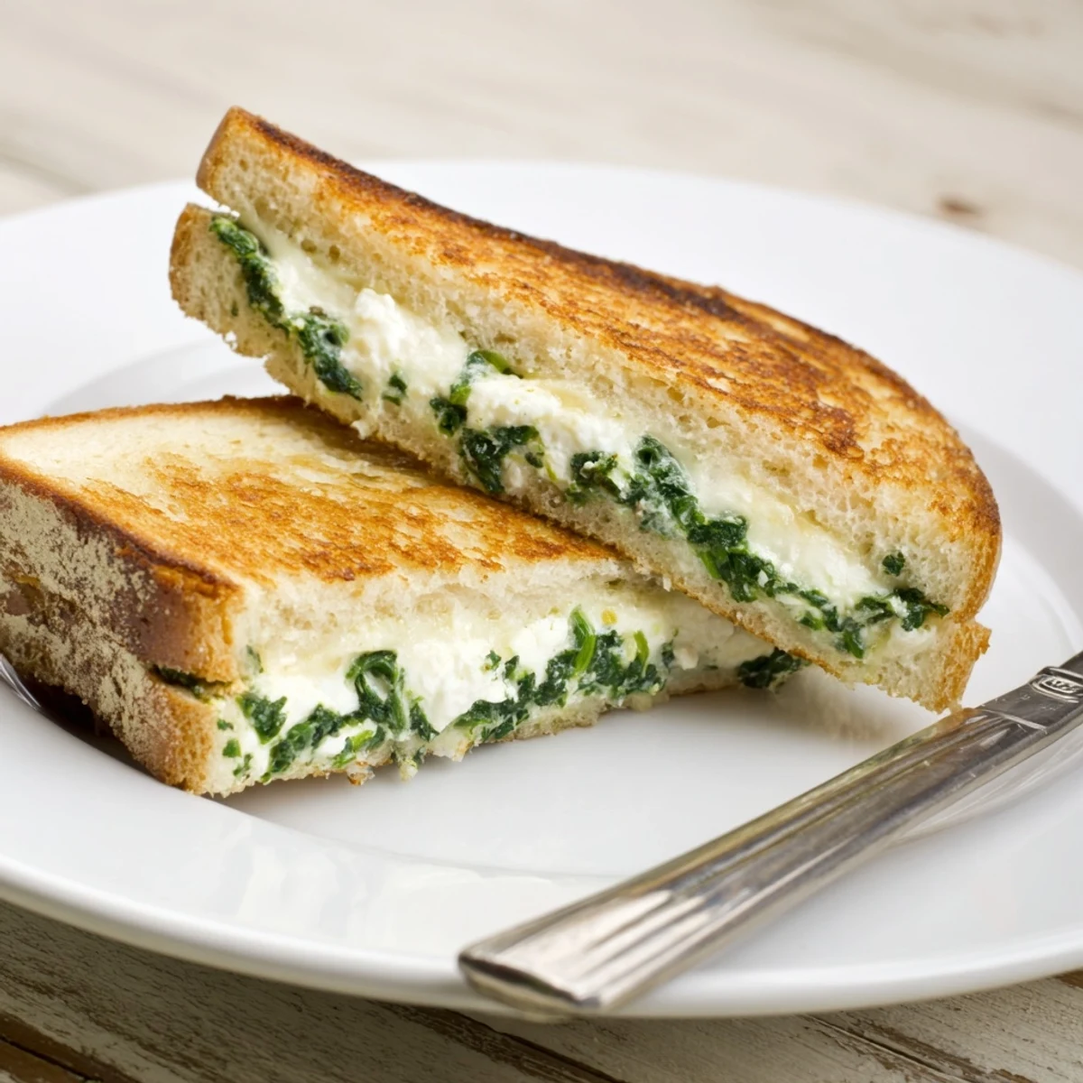 A close-up of golden Feta & Spinach Stuffed Grilled Cheese on a rustic wooden cutting board, with melted cheese oozing from the crusty sourdough.