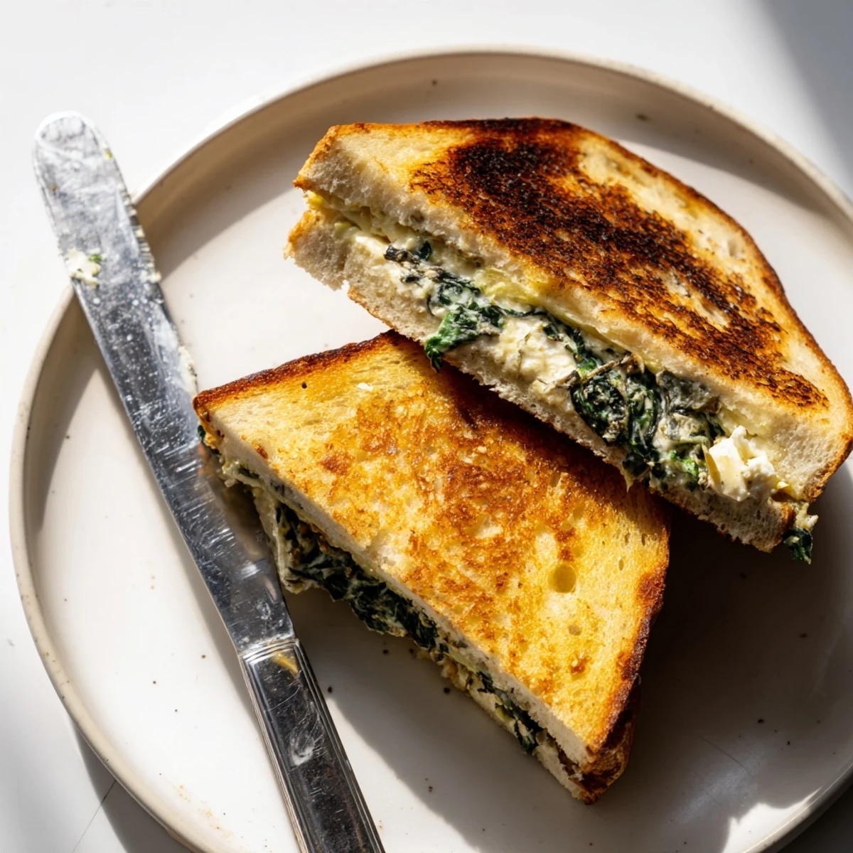 A Feta & Spinach Stuffed Grilled Cheese sandwich sliced diagonally, revealing layers of garlicky wilted spinach and creamy feta, served beside a bowl of tomato soup.