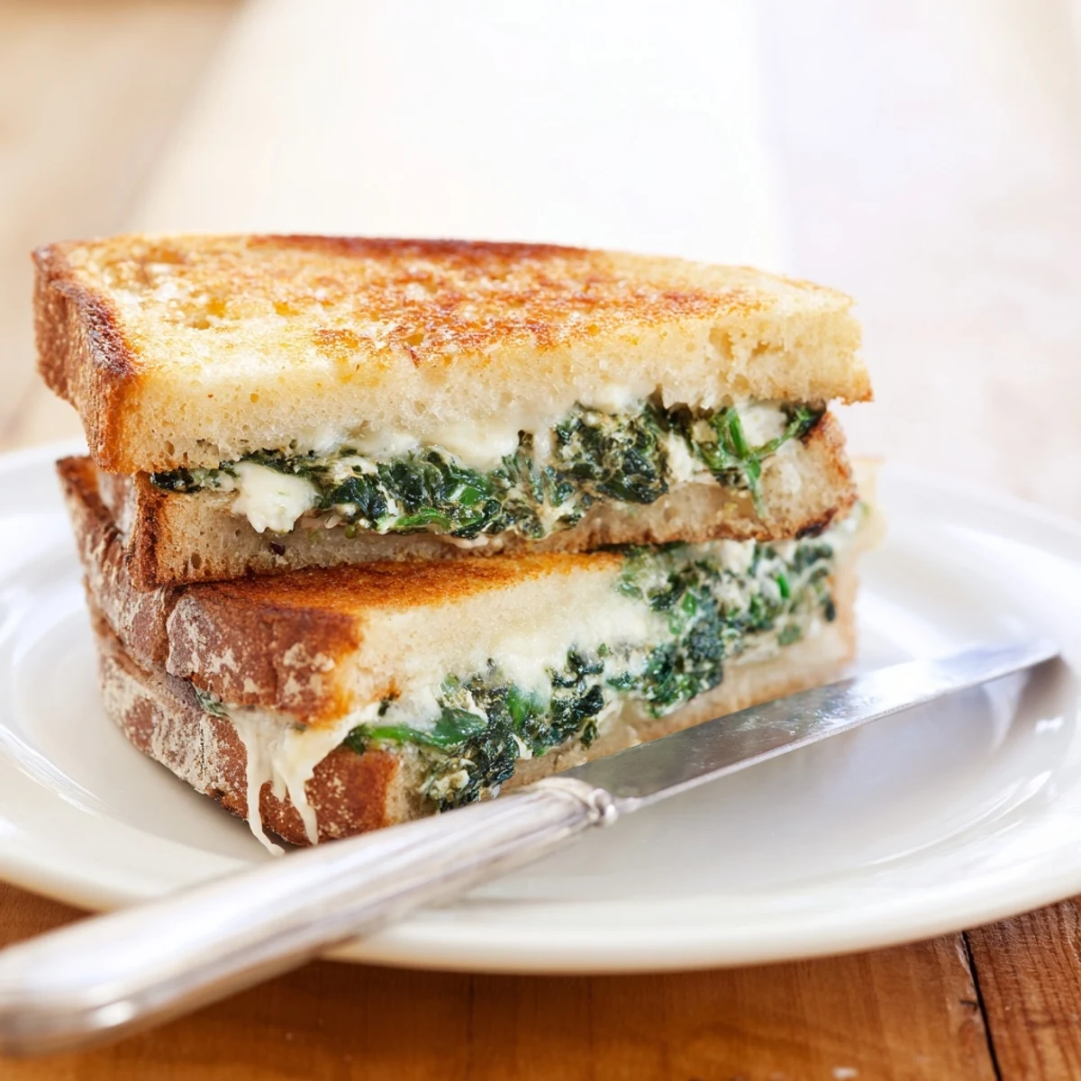 Two golden-brown Feta & Spinach Stuffed Grilled Cheese sandwiches on a white plate, steam rising from the crispy, buttery bread and savory filling.