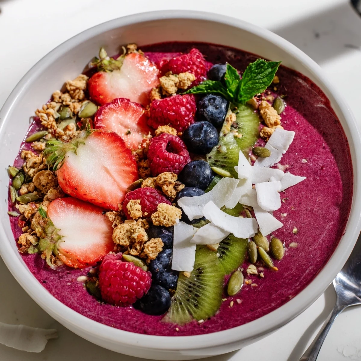 A spoon digs into a thick Beet and Berry Smoothie Bowl layered with granola and sliced fruit for a healthy snack.