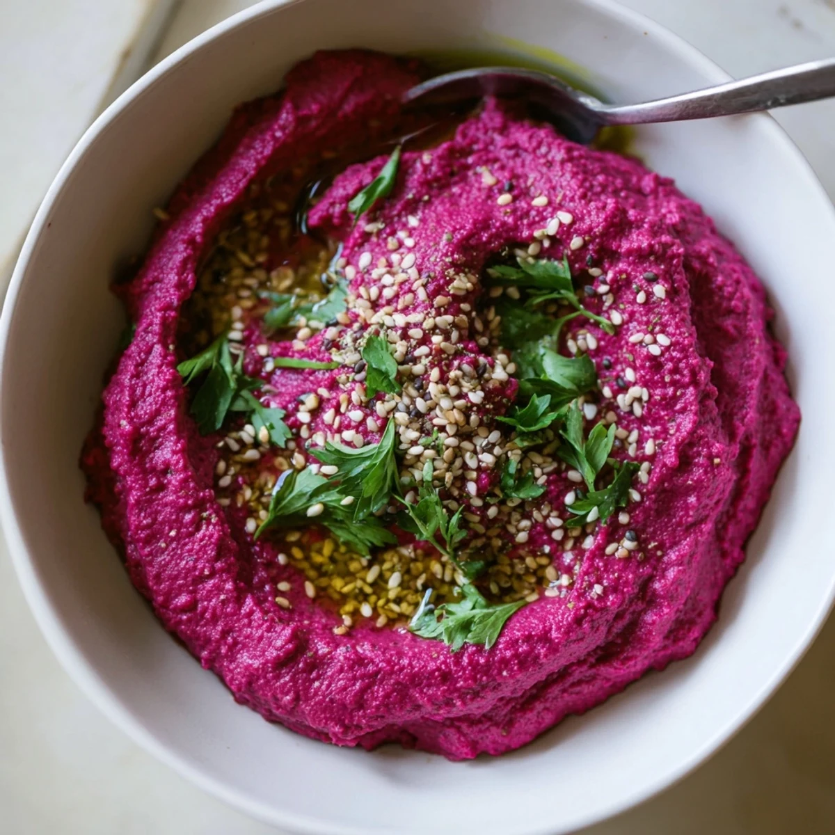 Bright pink roasted beet hummus spread on toast, garnished with sesame seeds and a lemon wedge.