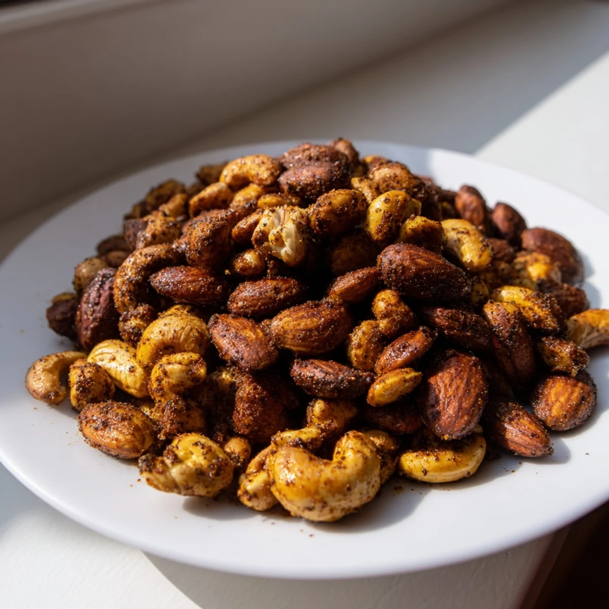 Aromatic spiced nuts and seeds mix, ready to enjoy as a delicious appetizer.