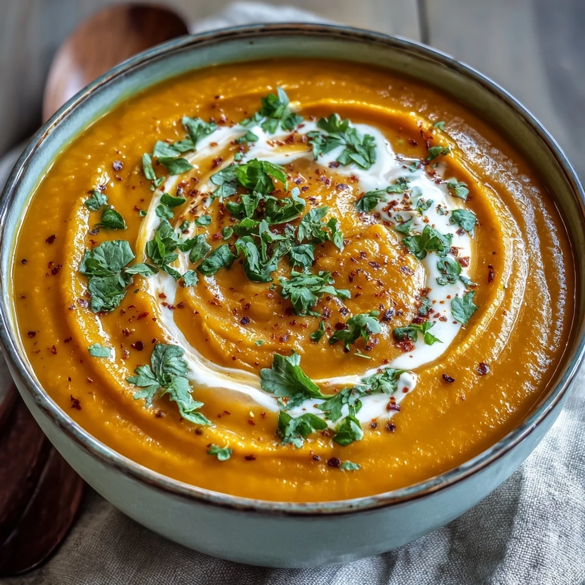 Smooth, creamy Carrot, Celeriac and Chilli Soup served hot in a rustic white bowl, garnished with fresh cilantro.