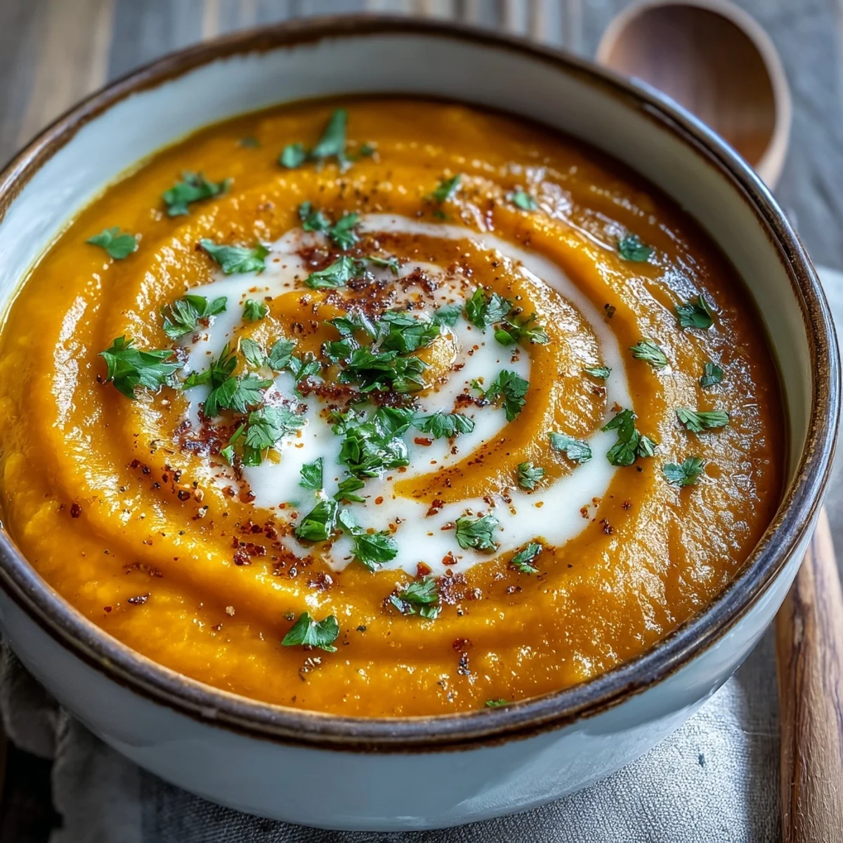 Cozy bowl of Carrot, Celeriac and Chilli Soup topped with a coconut yogurt swirl and fresh herbs.
