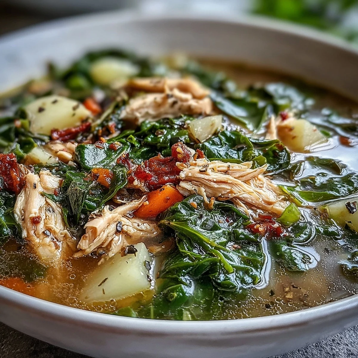 Steaming bowl of Collard Greens, Chicken and Vegetable Soup garnished with fresh herbs.