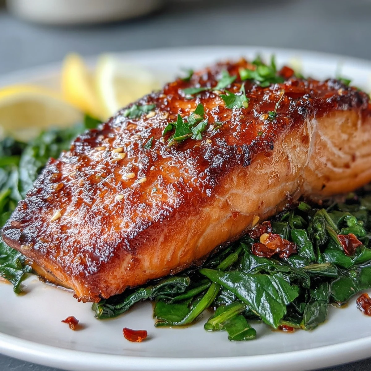 Air Fryer Salmon and Swiss Chard plated, with crispy skin fillets over vibrant wilted greens and fresh lemon wedges.
