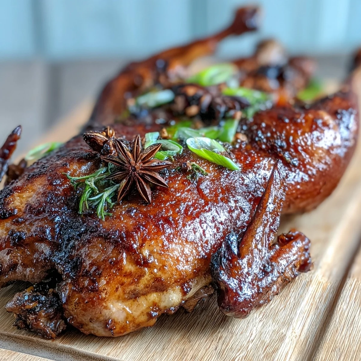 Golden-brown Five-Spice Roast Duck glistening with honey glaze, carved and served on a white platter with orange segments and star anise nearby.  