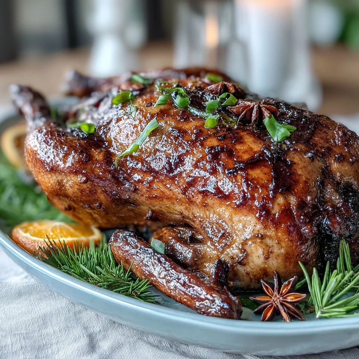 Close-up of crispy Five-Spice Roast Duck skin, aromatic with ginger and Chinese five-spice, ready to slice for a romantic Valentine's dinner.  