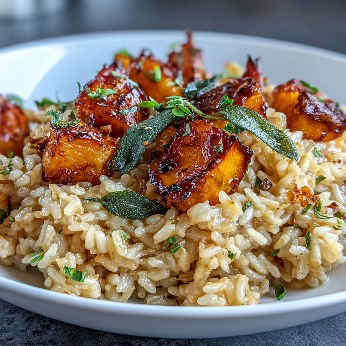 Steaming Vegan Pumpkin Risotto served in a rustic bowl, featuring tender pumpkin pieces and garnished with fresh lemon zest.