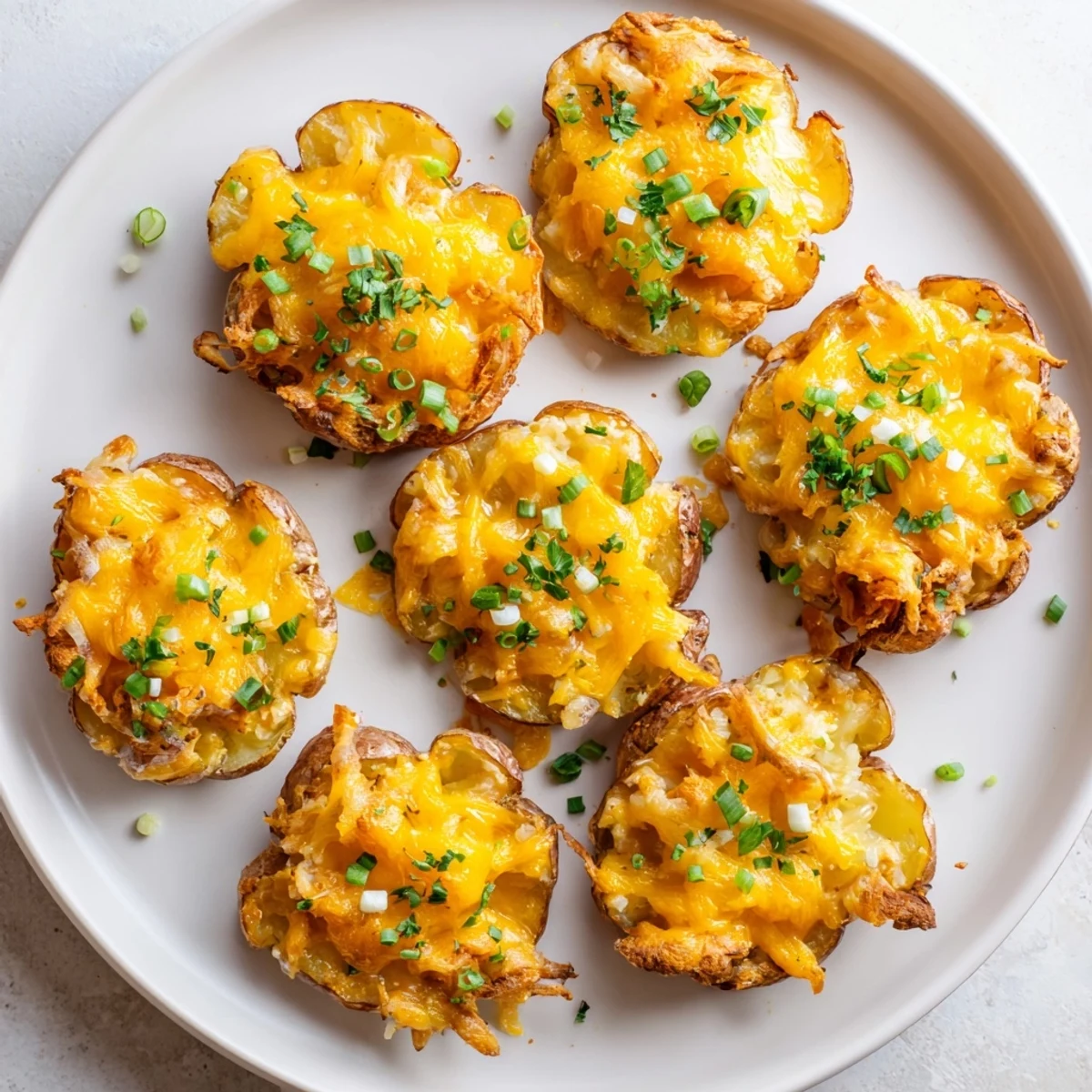 Crispy smashed green onion potato bombs topped with melting cheddar cheese and herbs.  