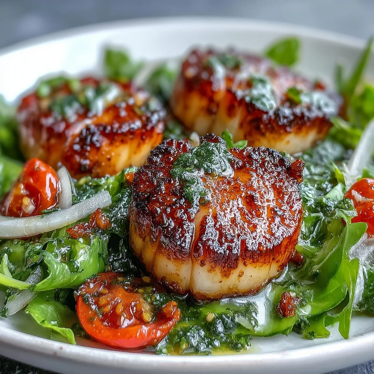 Warm, tender scallops on a bed of escarole salad, enhanced by a bright homemade pesto vinaigrette.
