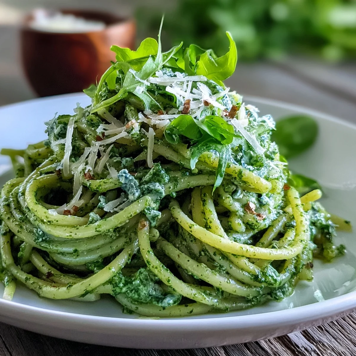 Creamy linguine with arugula pesto topped with fresh Parmesan and black pepper, served in a white bowl.