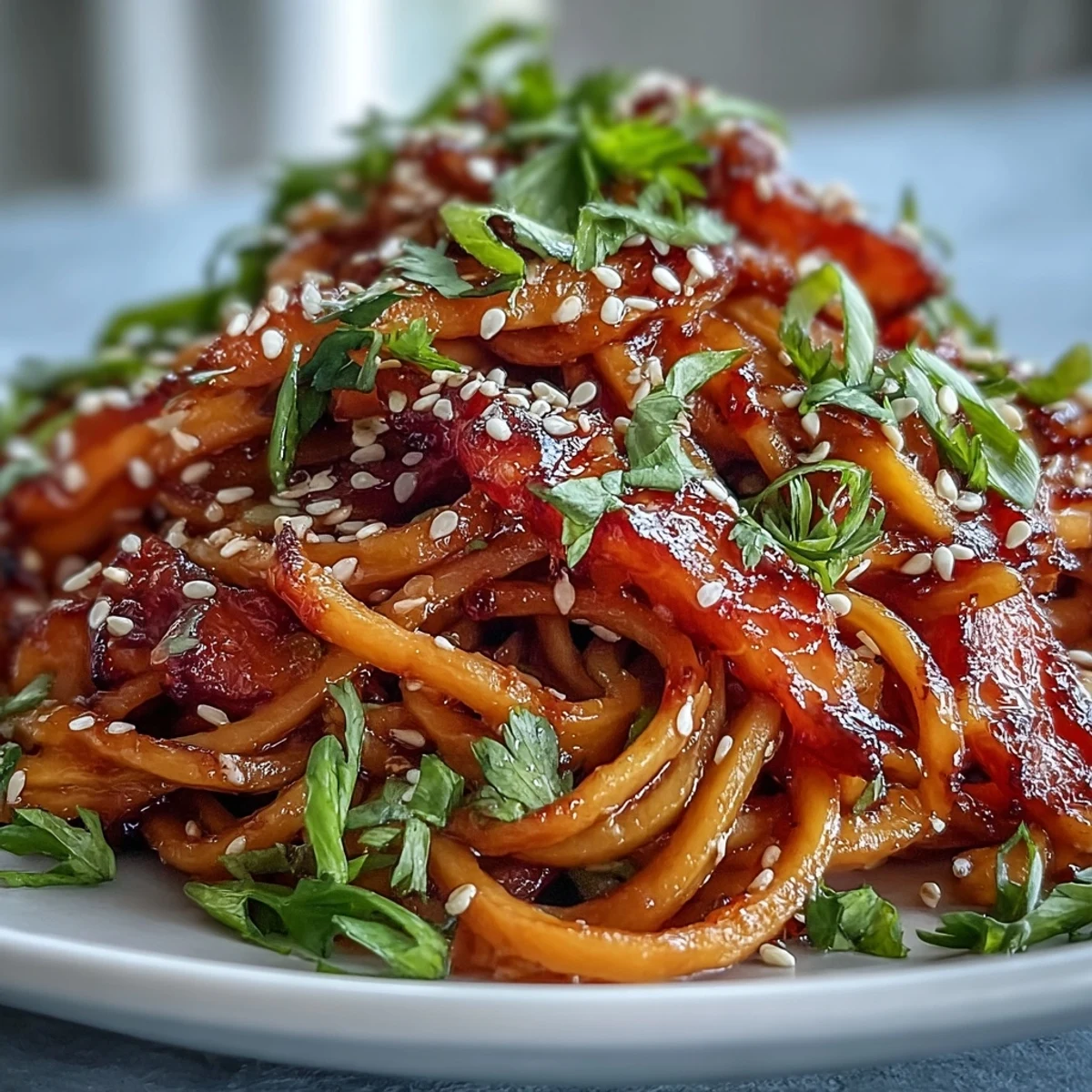 Golden roasted swede ribbons glisten with a sweet and spicy gochujang dressing over tender rice noodles.