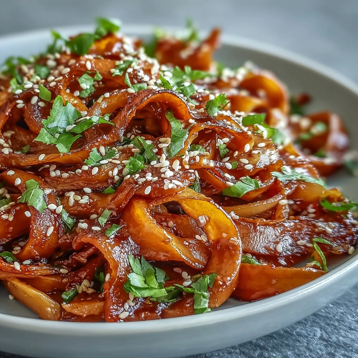 Fusion Gochujang Swede Noodles served with julienned carrots and crisp bean sprouts for a satisfying vegan meal.