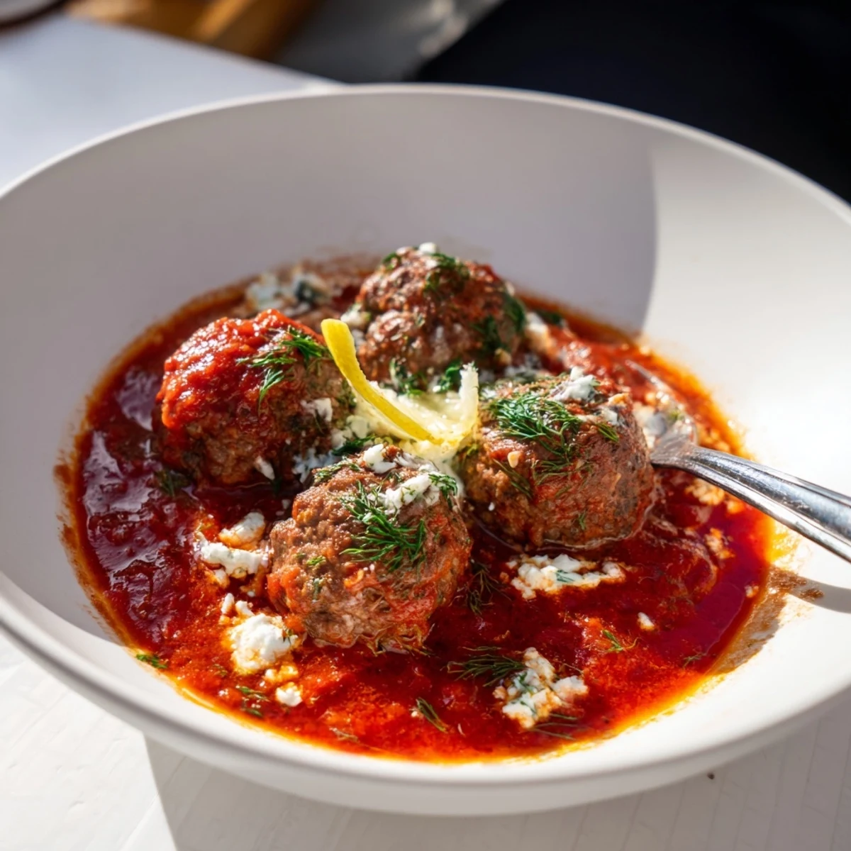Enjoy a close-up of delicious Instant Pot Greek-Style Meatballs, served with vibrant sauce and herbs.
