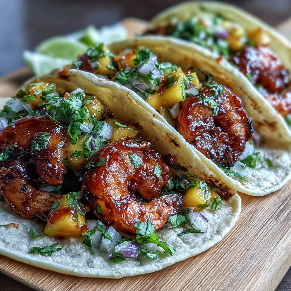 Warm corn tortillas filled with Sriracha Shrimp Tacos with Mango Salsa and shredded red cabbage.