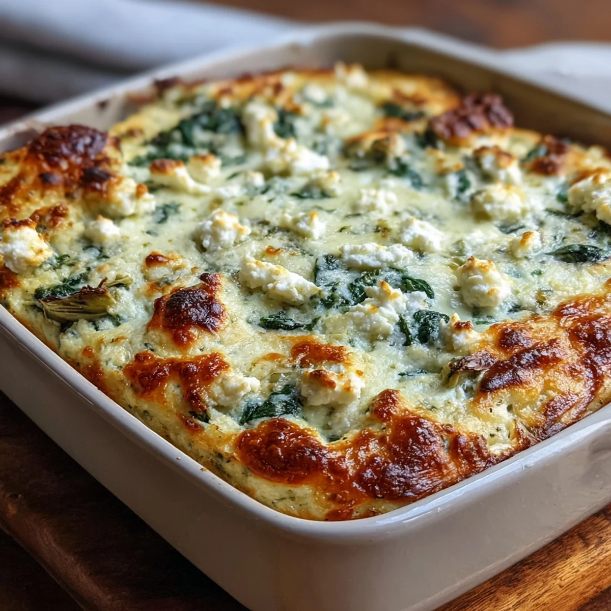 Slices of creamy High Protein Spinach Artichoke Bake on a white plate, showing tender spinach and artichoke hearts mixed with feta.