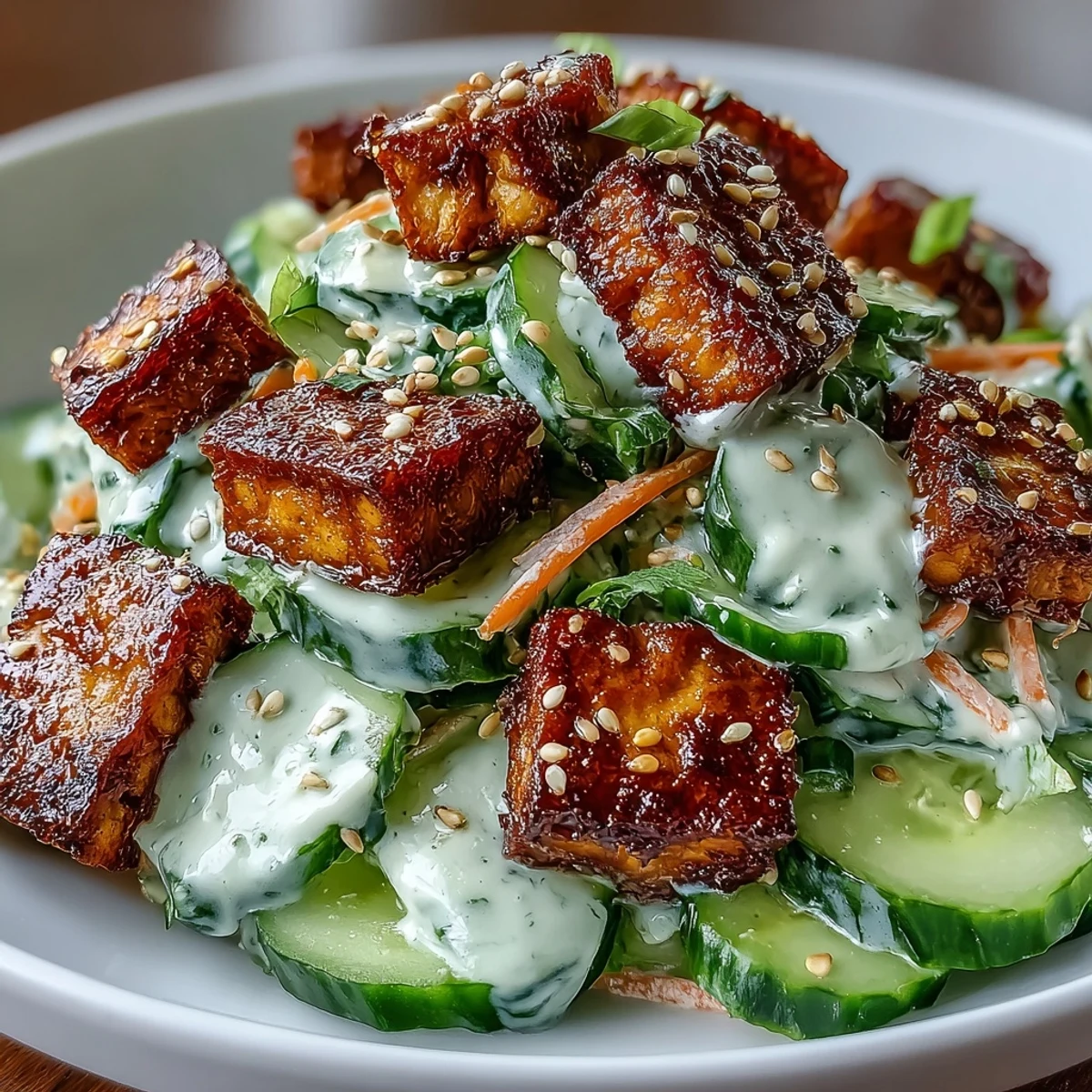 Golden, ultra-crispy tofu cubes rest on a bed of creamy Asian cucumber salad, garnished with sesame seeds and green onions.