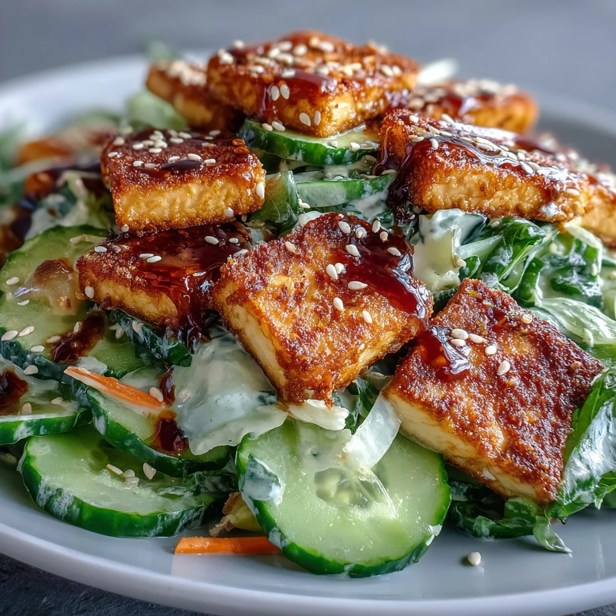 A fork lifts a bite of crunchy cucumber and creamy sesame-ginger dressing, paired with perfectly pan-fried tofu.