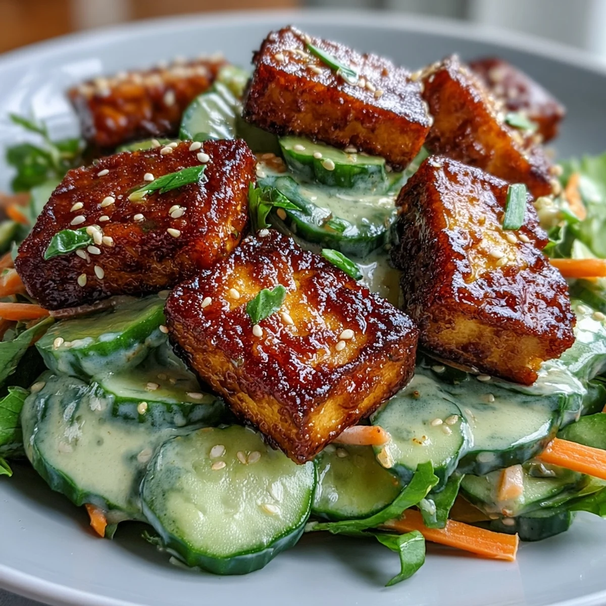 Vibrant orange carrot matchsticks and cool, sliced cucumbers are tossed in a luscious dressing, topped with crispy tofu.