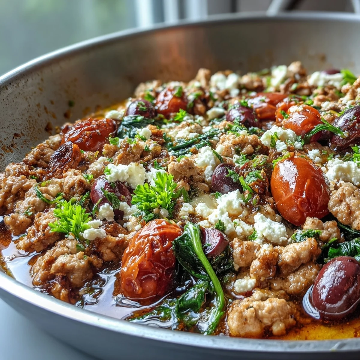 Freshly cooked Mediterranean Keto Ground Chicken Skillet with cherry tomatoes, Kalamata olives, and feta in a pan.