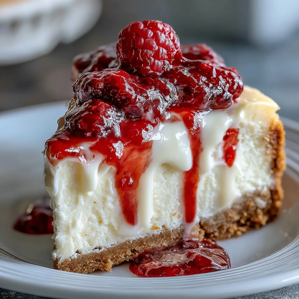 Swirled white chocolate and raspberry cheesecake topped with fresh berries on a rustic dessert plate, ready to serve.