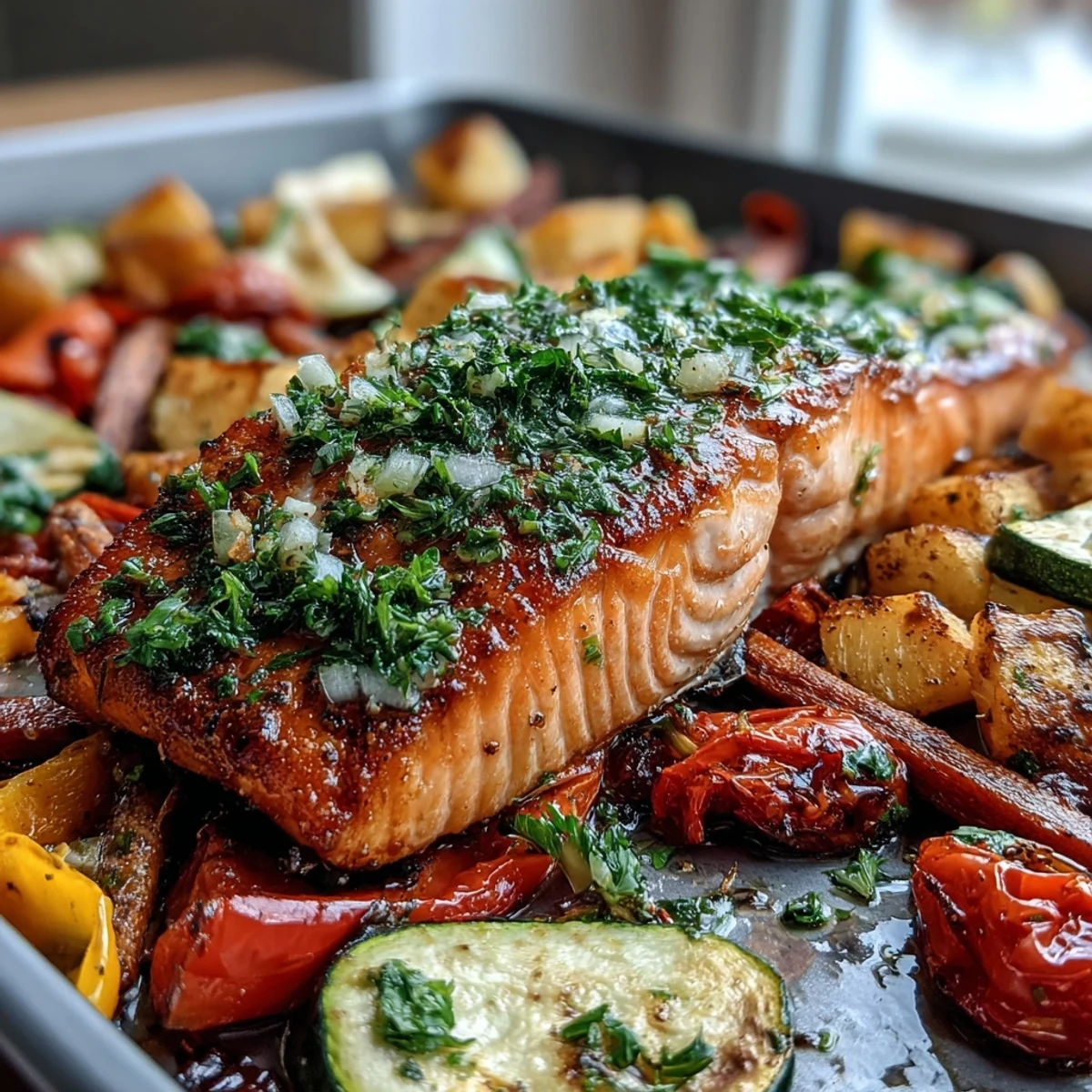 A close-up of perfectly flaky salmon beside roasted cherry tomatoes and zucchini in a Sheet Pan Salmon and Veggies Bowl.
